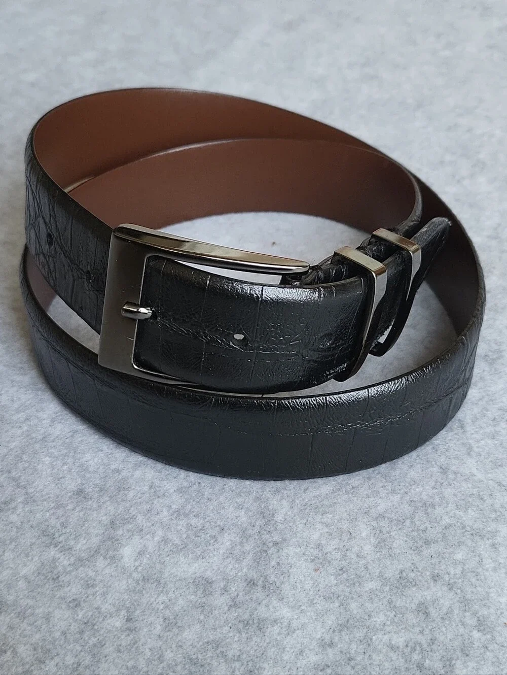 Italian Leather Belt Mens 36/90 Black Crocodile Embossed Gunmetal Handmade Italy